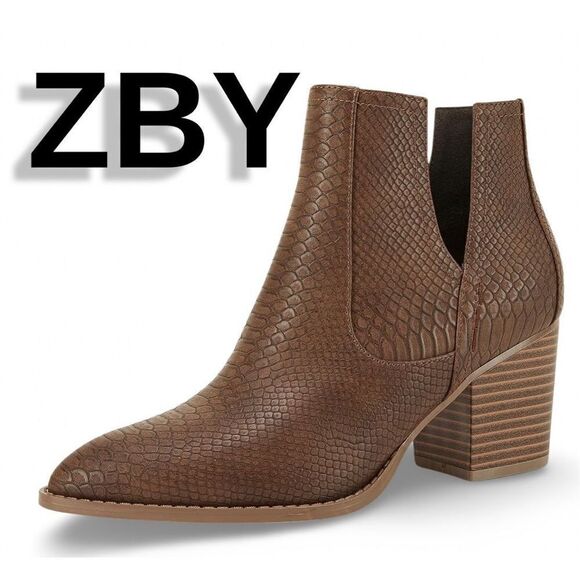 ZBY Ankle Boots Slip on Cutout Pointed Toe Embossed Snakeskin Chunky Heel Size 5 - Picture 1 of 10